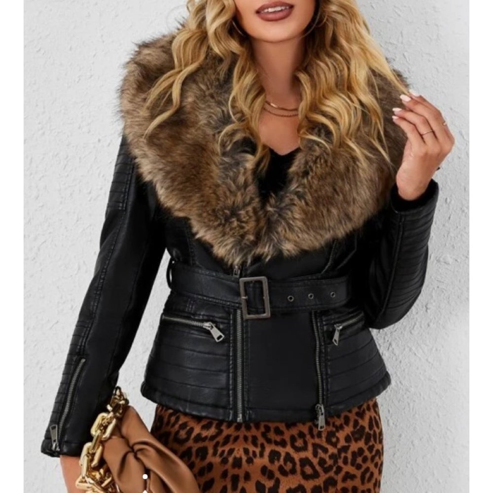 Brown Faux Fur Black Leather Belted Motorcycle Bomber Jacket Sherpa Winter Coat‎